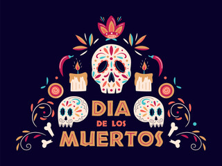 Dia de Los Muertos poster design with decorated skulls, candles and flowers on dark background. Mexican Day of the Dead. Vector template with Mexican floral traditional elements. Ornate folk graphic