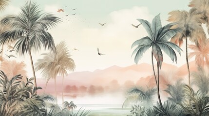 Tropical Exotic Landscape Wallpaper. Hand Drawn Design. Luxury Wall Mural