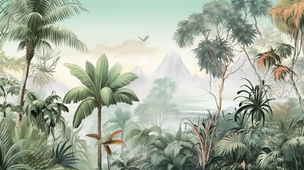 Tropical Exotic Landscape Wallpaper. Hand Drawn Design. Luxury Wall Mural