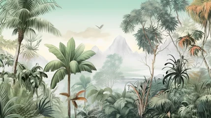 Fotobehang Tropical Exotic Landscape Wallpaper. Hand Drawn Design. Luxury Wall Mural © Fatih