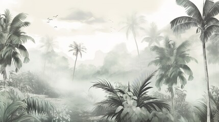 Tropical Exotic Landscape Wallpaper. Hand Drawn Design. Luxury Wall Mural - obrazy, fototapety, plakaty