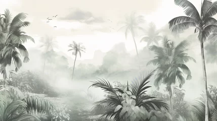 Raamstickers Tropical Exotic Landscape Wallpaper. Hand Drawn Design. Luxury Wall Mural © Fatih
