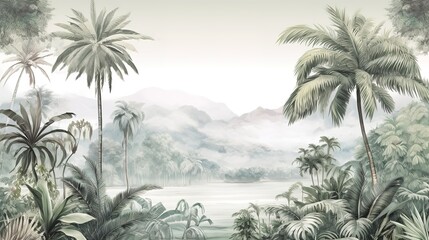 Tropical Exotic Landscape Wallpaper. Hand Drawn Design. Luxury Wall Mural - obrazy, fototapety, plakaty