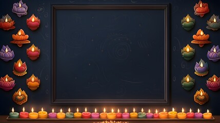 Diwali candle decorations In the room with empty dark chalkboard. Black background with copy space