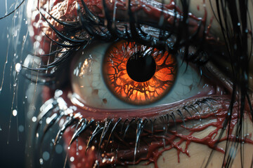 Fototapeta na wymiar close-up of a red eye, red veins all around, it's raining, halloween scene, scary, horror