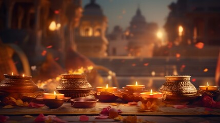 Close up golden lamps and candles on the ground. Autumn background.