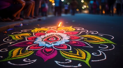 Diwali celebration, chalk drawing on a road.