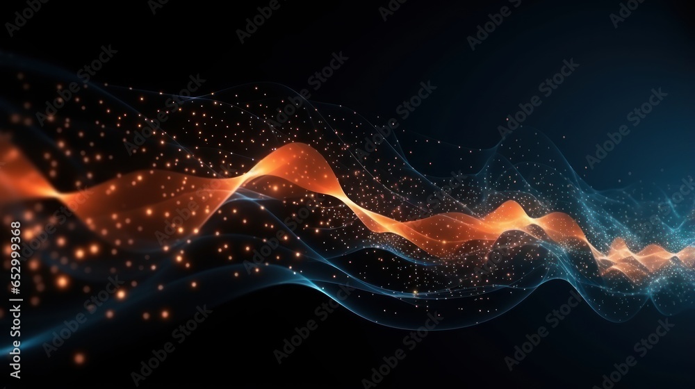 Poster futuristic digital particle swarm, glowing pixels and dynamic flow