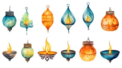 Fototapeta na wymiar Diwali decorations, diya lamps watercolor style elements, isolated on white.
