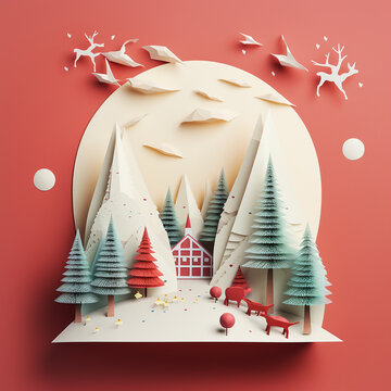 Marry Christmas wish card with 3d composition of white,green and red christmas trees in the forest surrounding a red small house  under moving reinders and the moon.