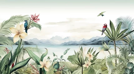 Zelfklevend Fotobehang Tropical Exotic Landscape Wallpaper. Hand Drawn Design. Luxury Wall Mural © Fatih