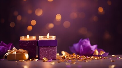 Gift box with purple decorations. Abstract festive background with copy space.