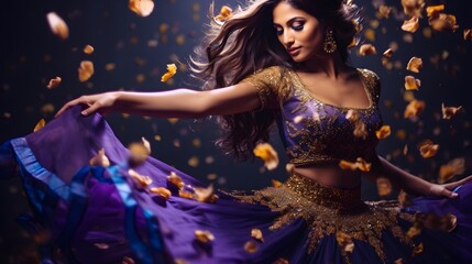 Young woman dancing. Colorful dress and flying golden leaves and petals