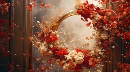 Red flowers and golden leaves wreath on an abstract minimal background.