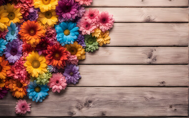Obraz na płótnie Canvas Light wood background with bright beautiful flowers in rainbow colors