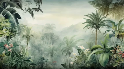 Gordijnen Tropical Exotic Landscape Wallpaper. Hand Drawn Design. Luxury Wall Mural © Fatih
