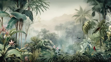 Cercles muraux Rétro Tropical Exotic Landscape Wallpaper. Hand Drawn Design. Luxury Wall Mural