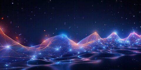 Cyber big data flow. Blockchain data fields. Network line connect stream. Concept of technology, digital communication, science research, 3D illustration music waves | Generative AI