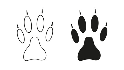 Dog, wolf, coyote or fox paw footprint with claws. Silhouette, contour. Icon. Black vector isolated on white. Paw print of a wild animal, jackal, bulldog, shepherd, bull terrier, retriever rottweiler