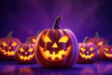 Pumpkins with glowing eyes and a scary face. Halloween concept. Violet purple background.