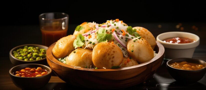 Indian street food Panipuri Golgappa is a round puri filled with flavored water and chat items against a colorful wooden backdrop Focused