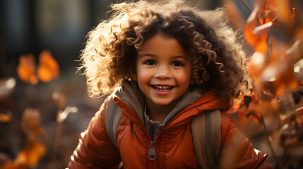 Portrait of a cute little girl with curly hair in autumn park. Happy little mixed race girl in autumn park, closeup - obrazy, fototapety, plakaty