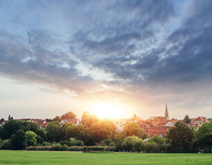 Fototapeta premium Freiberg am Neckar On the Sunset. Small European town in Baden Wurttemberg, Germany, Europe. Nekar river, southwestern Germany