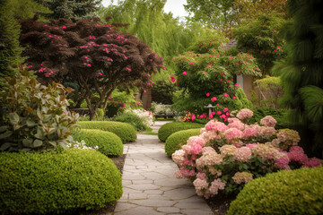 Verdant Pathways: A Tranquil Garden Retreat Blooms with Hydrangeas and Flowering Trees, ai genrative