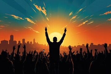 The leader in front of a crowd of people with his hands up, illustration