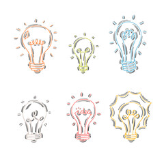 Hand drawn light bulbs. Idea concept. Doodle light bulb. Sketch, minimalistic design