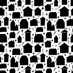 Seamless pattern with hand drawn houses, buildings. Flat style. Texture for fabric, wallpaper, wrapping, textile