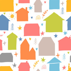 Seamless pattern with hand drawn houses, buildings. Flat style. Texture for fabric, wrapping, textile, wallpaper