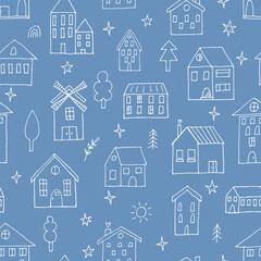 Seamless pattern with hand drawn houses. Buildings. Doodle style. Texture for fabric, textile, wrapping, wallpaper