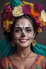 Young Mexican woman with face painted for carnival celebrations, smiling with flower decorations, day of the dead festival, generative AI
