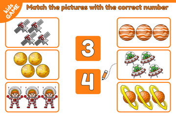 Math educational game for children. Count space objects and match it with the correct number. Kids counting worksheet with cartoon girl astronauts, planets, satellites and aliens. Vector illustration.