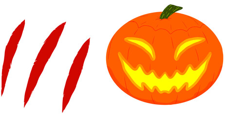 Calabaza de color naranja con amarillo de Halloween en octubre y rasguño o herida de monstruo, bestia o animal en formato sticker o pengantina 