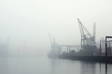 Port in fog. Panorama of longitudinal of Maritime logistics Center - obrazy, fototapety, plakaty