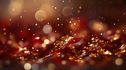 Red liquid with tints of golden glitters. Red background with a scattering of gold sparkles. Magic Galaxy of golden dust particles in red fluid 
