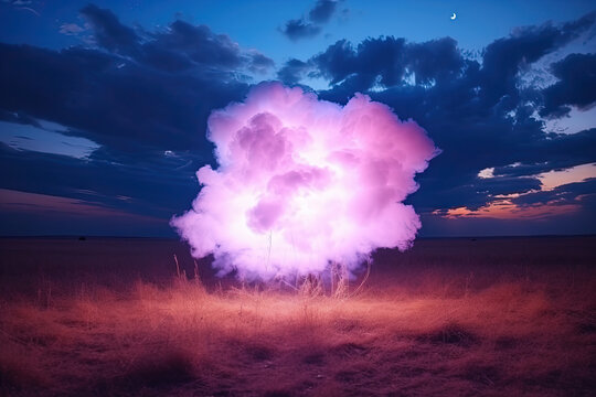 Purple glowing cloud in the middle of a field in the evening, Generative AI