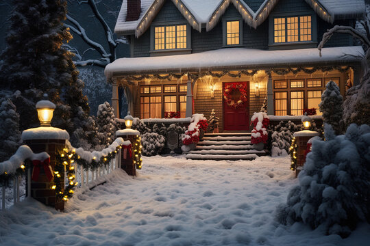 Christmas decorated and illuminated house exterior. Generative AI