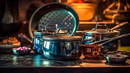 Vintage Kitchen Ware: Explore the Charm of Old Metal Cookware for Delicious Cooking and Timeless Market Finds, generative AI