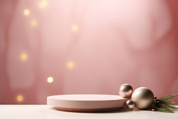 Elegant product display podium scene with Christmas balls on pink background. Generative AI