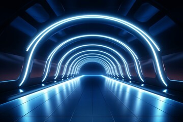 A futuristic tunnel with illuminated wing-shaped lights, resembling an extraterrestrial corridor or a futuristic showroom. Generative AI