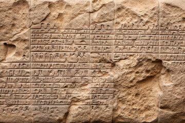 Damaged stone wall with ancient Sumerian cuneiform, fiction view - obrazy, fototapety, plakaty