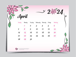 Calendar 2024 template on pink flowers background, April 2024 template, Monthly calendar planner artwork, Desk calendar 2024 design, Wall Calendar design, Poster, simple, vector eps10