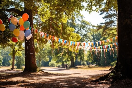 Colorful holiday flags in the form of a garland between the trees and balloons. Festive decoration in nature. Congratulatory background .Holiday concept