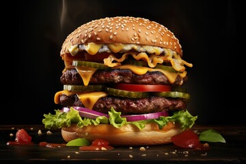 Product photo, Realistic, cinematic light, most delicious huge burger, dark background | Generative AI