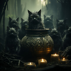 In the style of a witches' coven, amidst a misty forest, black cats gather around a bubbling cauldron, creating an enchanting scene straight out of a magical tale.