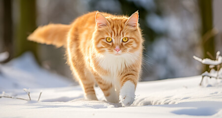 A ginger cat is walking in the snow at sunny day. Snowing. A hungry cat walks along the path. Abandoned cat.