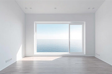 Empty white room with a sea view. Generative AI
